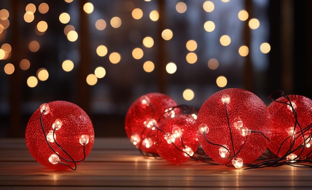 três bolas de Natal vermelhas com luzes em uma mesa de madeira