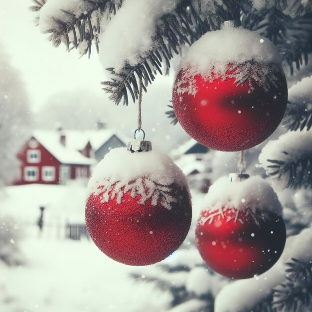 Três bolas de Natal vermelhas na neve