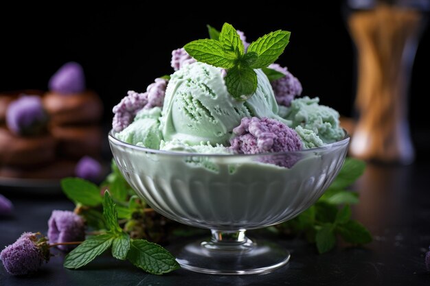 Foto três bolas de sorvete com lavanda sorvete com folhas de hortelã e lavanda em prato de vidro