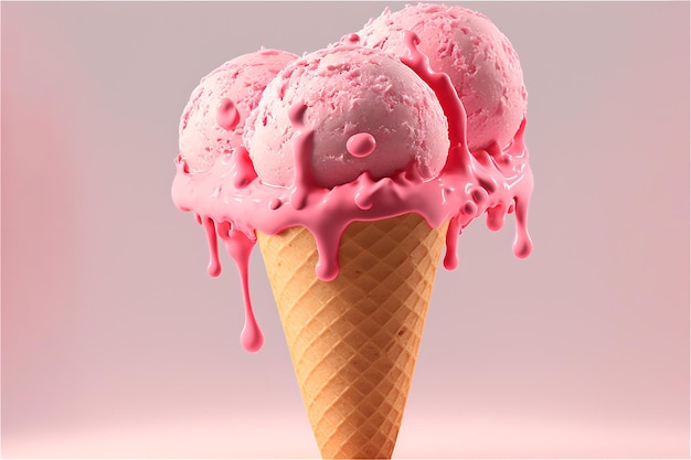 Tres bolas de delicioso helado de fresa en cono de oblea salpicaduras de leche rosa generaron inteligencia artificial