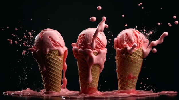 Tres bolas de delicioso helado de fresa en waffle Al generado