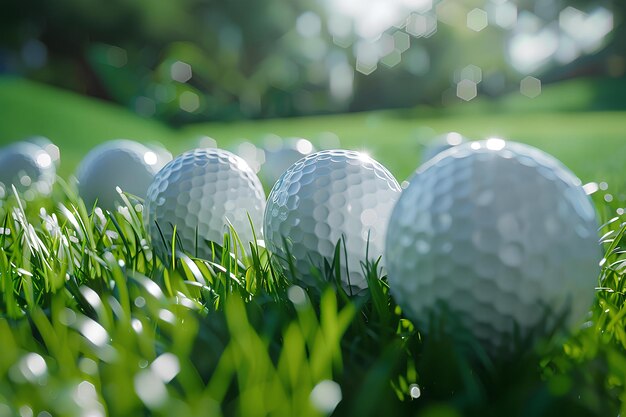 Tres bolas de golf están en la hierba cerca de la hierba y los árboles en el fondo con el sol brillando