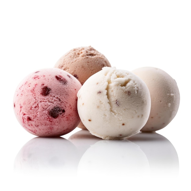 Foto tres bolas de helado de colores sobre un fondo blanco