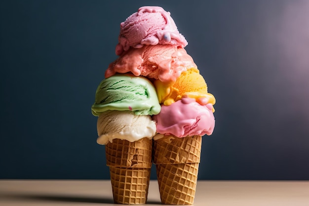 Tres bolas de helado están apiladas una encima de la otra.