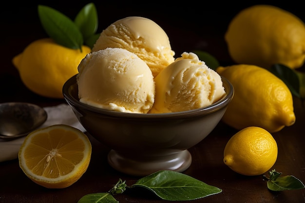 Tres bolas de helado de limón en un bol