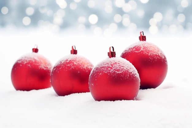 tres bolas navideñas rojas están sentadas en la nieve sobre una superficie nevada ai generativo
