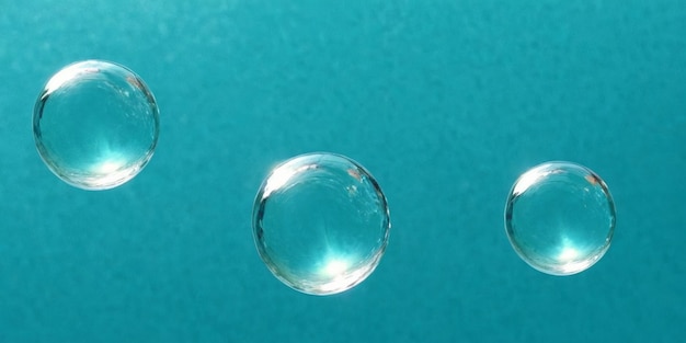 Três bolhas de sabão transparentes sobre um fundo azul