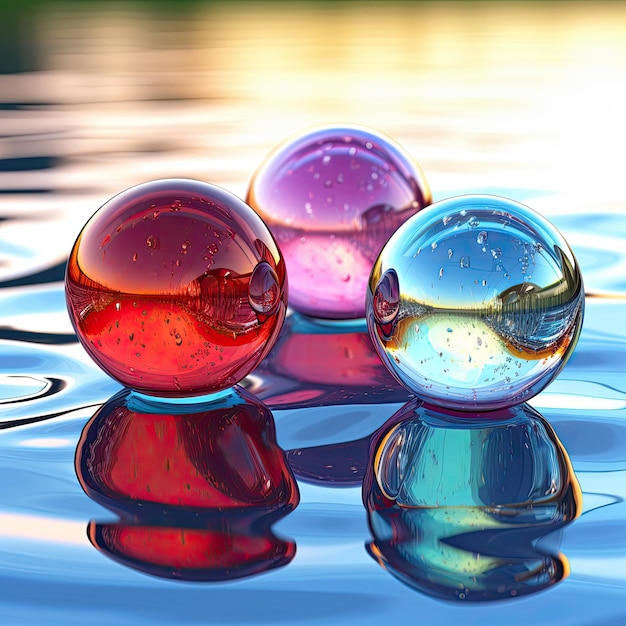 Três bolinhas de vidro estão em uma superfície de água com o reflexo do céu.