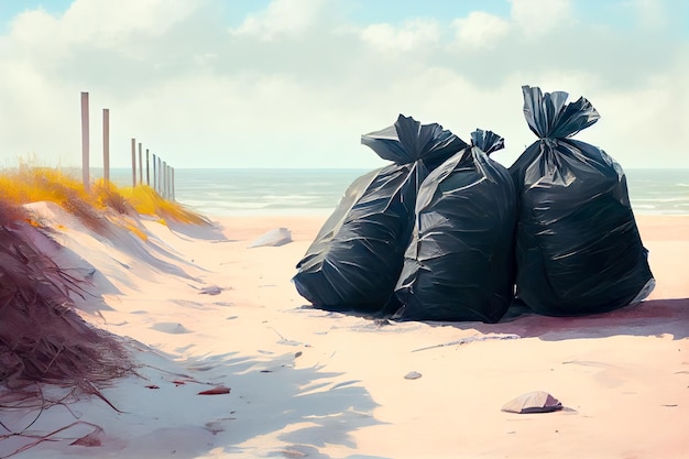 Tres bolsas de basura en una playa con una valla al fondo.