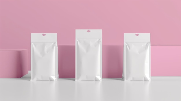 tres bolsas blancas con letras rosadas en ellas