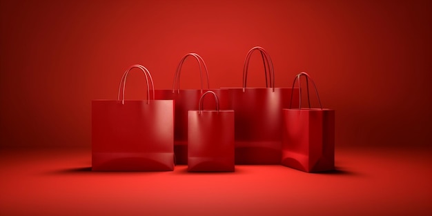 Tres bolsas de compras rojas en un fondo rojo con una pared roja generativa ai