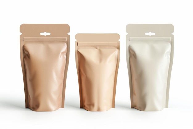 Tres bolsas de papel de aluminio vacías de diferentes tamaños aisladas en blanco para el modelo de marca