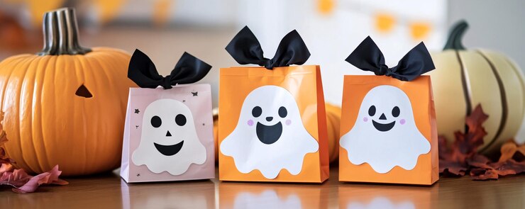 Tres bolsas de regalos de Halloween decoradas con adorables recortes de fantasmas están sentadas en una mesa con calabazas y hojas de otoño