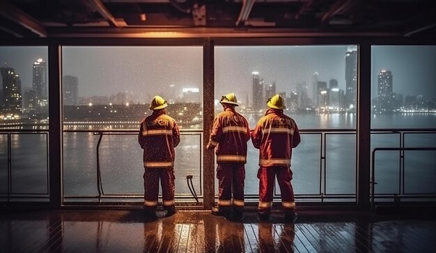 Três bombeiros de uniforme e capacetes se posicionam contra o fundo da cidade à noite