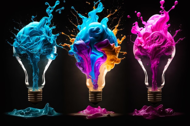 Tres bombillas de colores con salpicaduras de tinta AI generativa