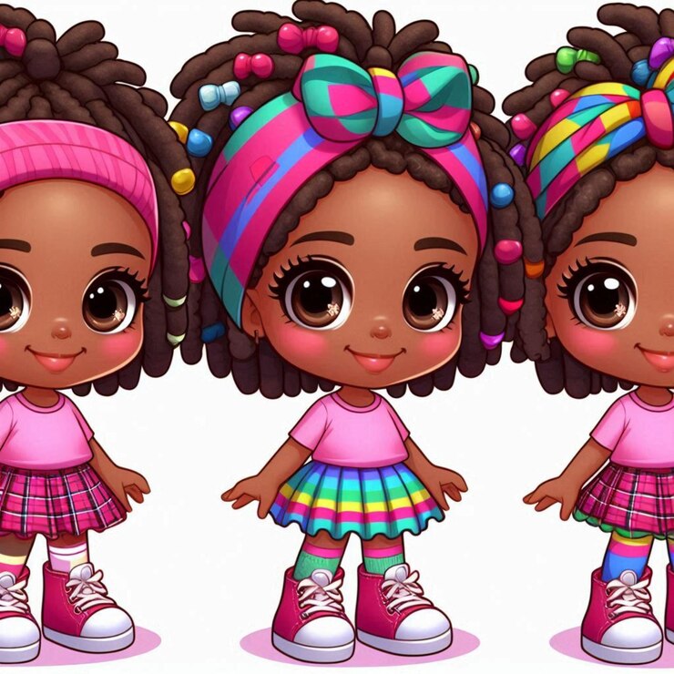 Foto três bonecas com cores diferentes e um chapéu rosa