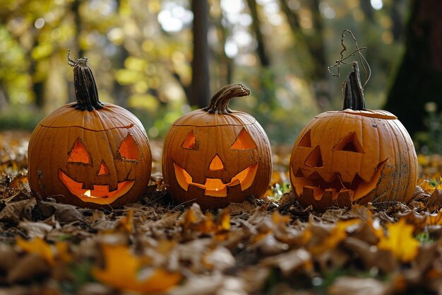 Tres bonitas calabazas de Halloween en el parque de otoño