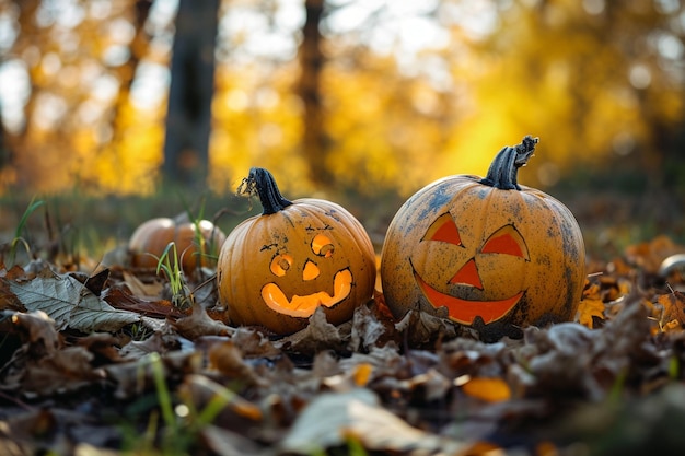 Tres bonitas calabazas de Halloween en el parque de otoño