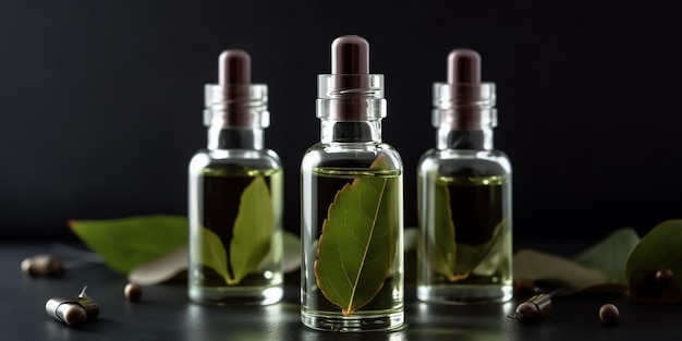 Tres botellas de aceite de mango con una hoja verde encima.