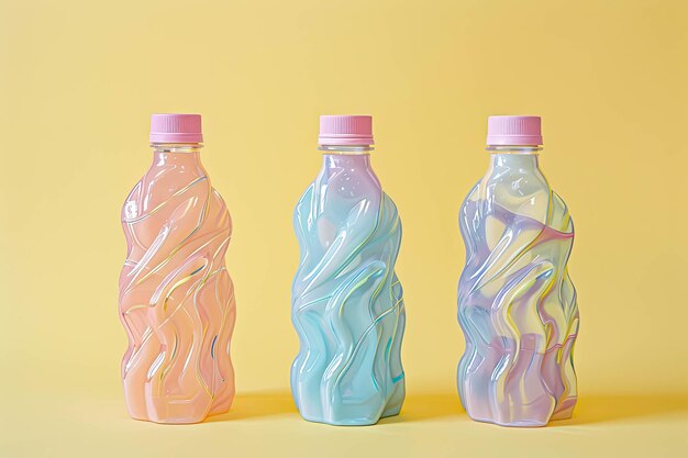 Foto tres botellas de agua de diferentes colores y formas en el estilo de la forma abstracta gótica pastel