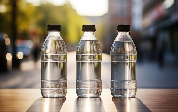 Tres botellas de agua embotelladas colocadas cuidadosamente en una mesa de madera