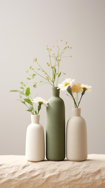 tres botellas blancas de comida y flores hechas de rocas