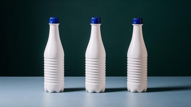 Foto tres botellas en blanco de plástico blanco con tapas azules en fila aisladas en la mesa en el centro