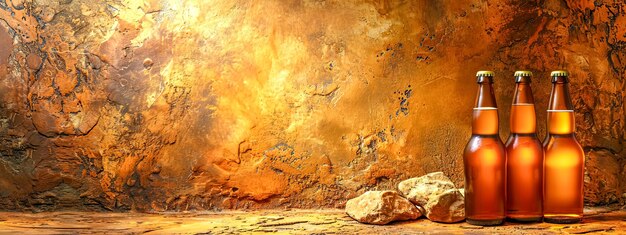 tres botellas de cerveza contra una pared de cueva con textura naranja y una cálida iluminación ambiental