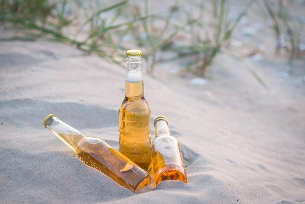 Tres botellas de cerveza fría en la arena.