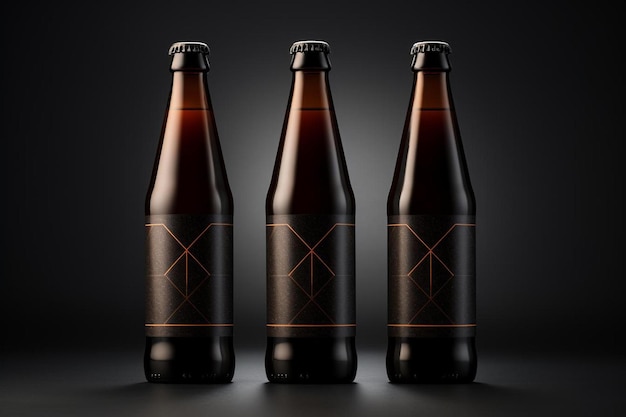 Foto tres botellas de cerveza en una superficie oscura