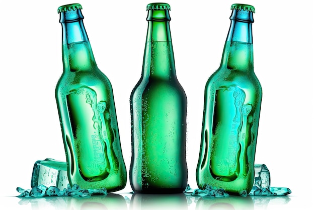 Tres botellas de cerveza verde sobre un fondo blanco con unas gotas en los cubitos de hielo