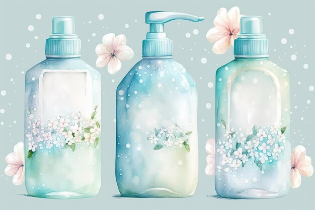 Tres botellas de jabón con diseños florales IA generativa