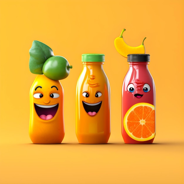 Tres botellas de jugo de naranja con caras y una botella de jugo de naranja.
