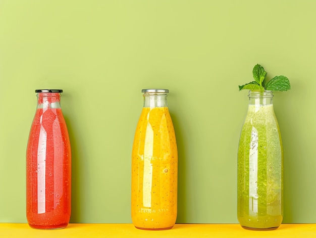 Tres botellas de jugos de diferentes colores sobre un fondo verde