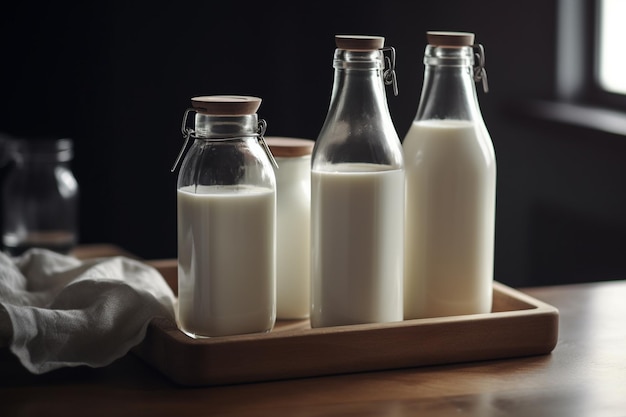 Tres botellas de leche en una bandeja con un paño blanco sobre la mesa.