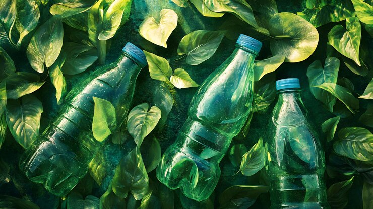 Tres botellas de plástico verdes descansando entre hojas verdes exuberantes
