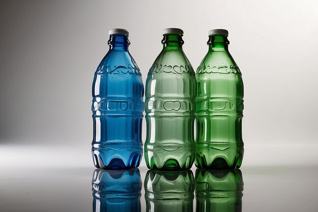 Tres botellas de soda de plástico de dos litros con reflejo en formato vertical sobre un fondo blanco