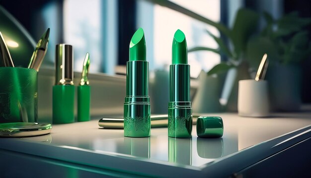 tres botellas verdes de lápiz labial están en una mesa