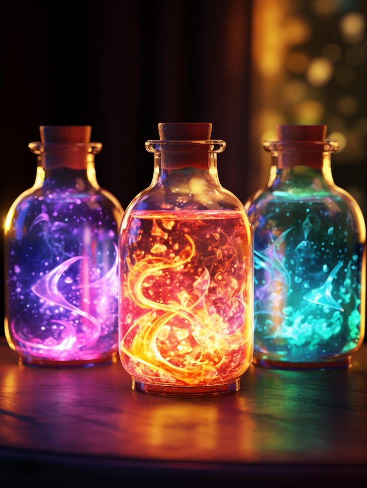 Foto tres botellas de vidrio con luces brillantes en su interior en una mesa generativa ai