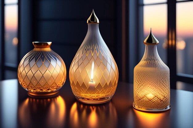 Tres botellas de vidrio con una tapa dorada y una tapa dorada con una luz.