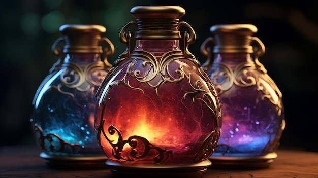 tres botellas de vidrio con una vela encendida dentro de ellos en una mesa generativa ai