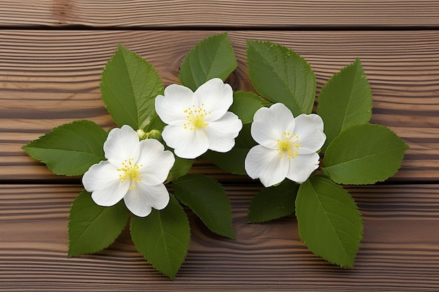 Foto três botões de flores com folhas em uma mesa