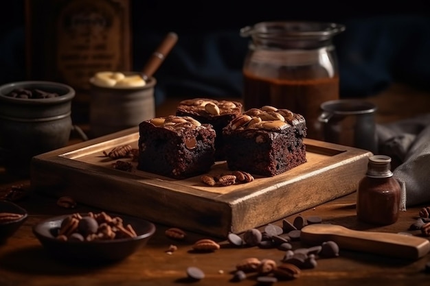 Tres brownies de chocolate sobre una tabla de madera con un tarro de café al fondo.