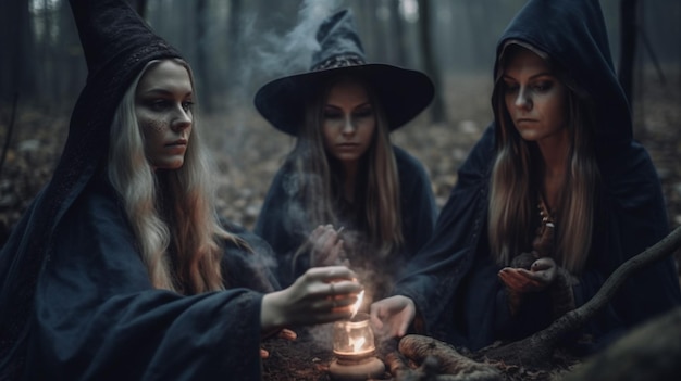 Foto tres brujas se sientan en el bosque y miran la luz de la linterna.