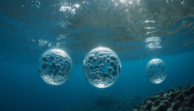 Tres burbujas flotando bajo el agua, una de las cuales es azul y la otra es azul.