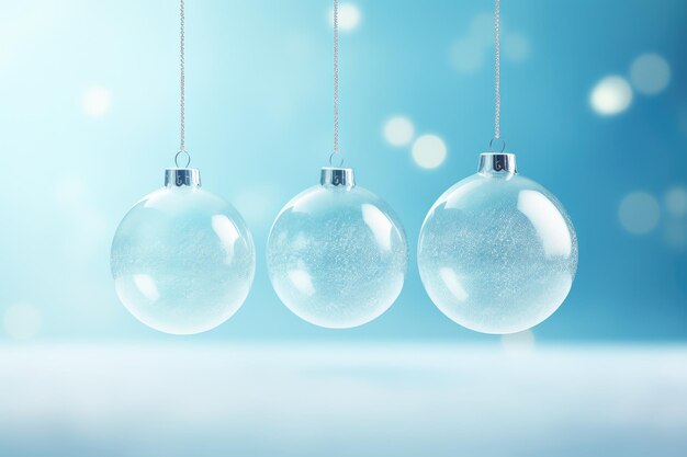 Foto tres burbujas de navidad transparentes sobre un fondo azul ia generativa