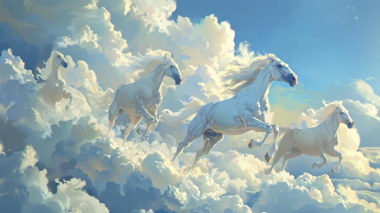 Tres caballos blancos están volando por el cielo.
