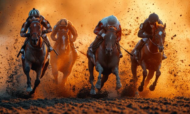 Tres caballos de carreras compitiendo entre sí con el movimiento borroso a la velocidad de acento y el movimiento La carrera está en la pista de tierra con caballos y jinetes borrosos de movimiento