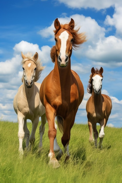 Tres caballos corriendo en un campo