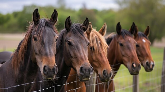 Foto tres caballos están de pie en un campo detrás de una valla de madera